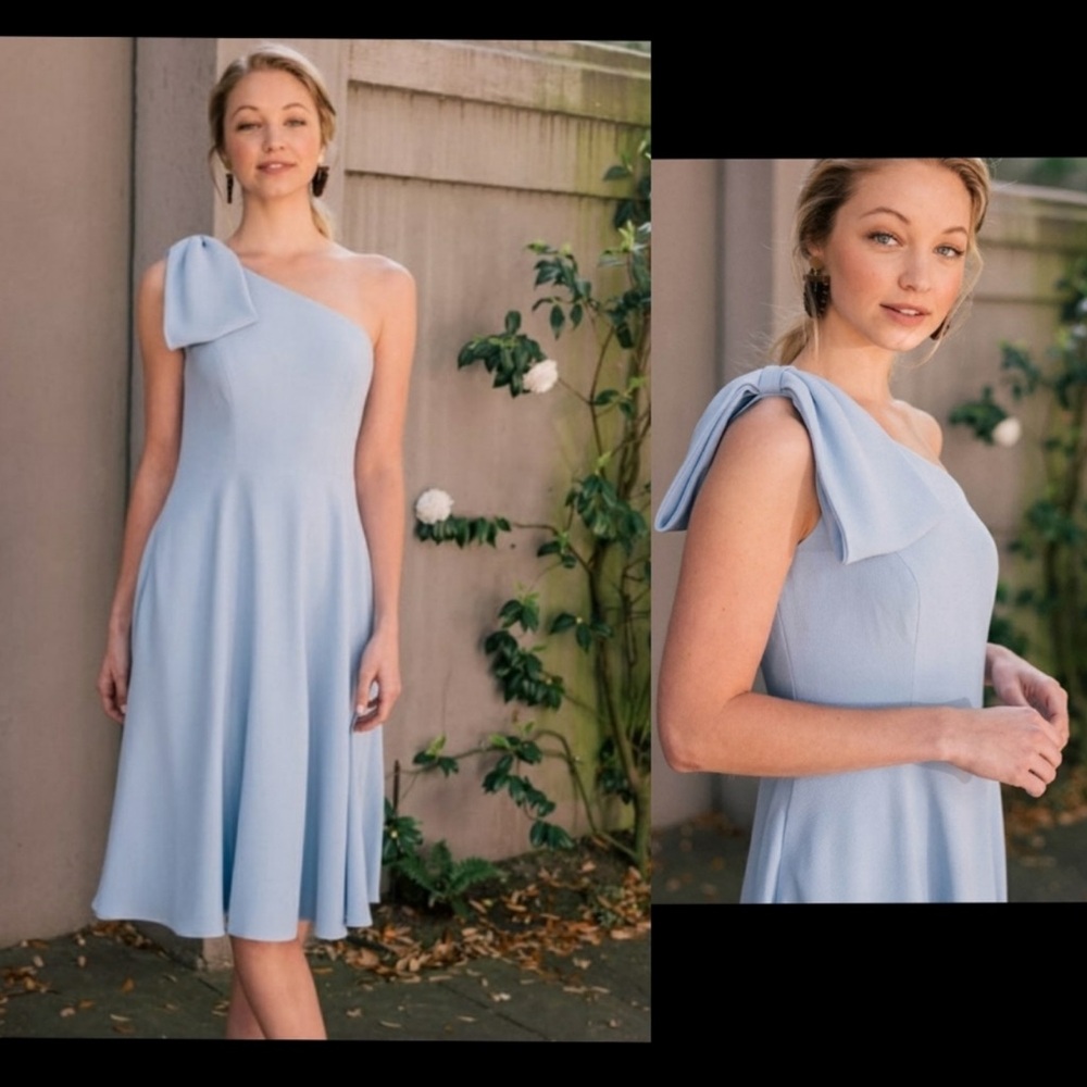 GAL MEETS GLAM Light Blue A-Line Midi Dress Neck Bow Fit and Flare one shoulder✨ - Picture 7 of 8
